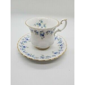 Royal Albert Memory Lane Tea Cup and Saucer Set 1965 Blue Flowers Gold Trim